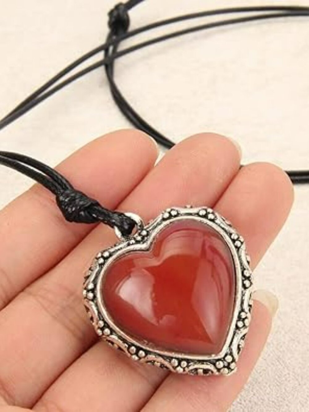 NEW Leather Necklace MOM Long Boho Necklace Bohemian Choker‎ Red Heart & Silver